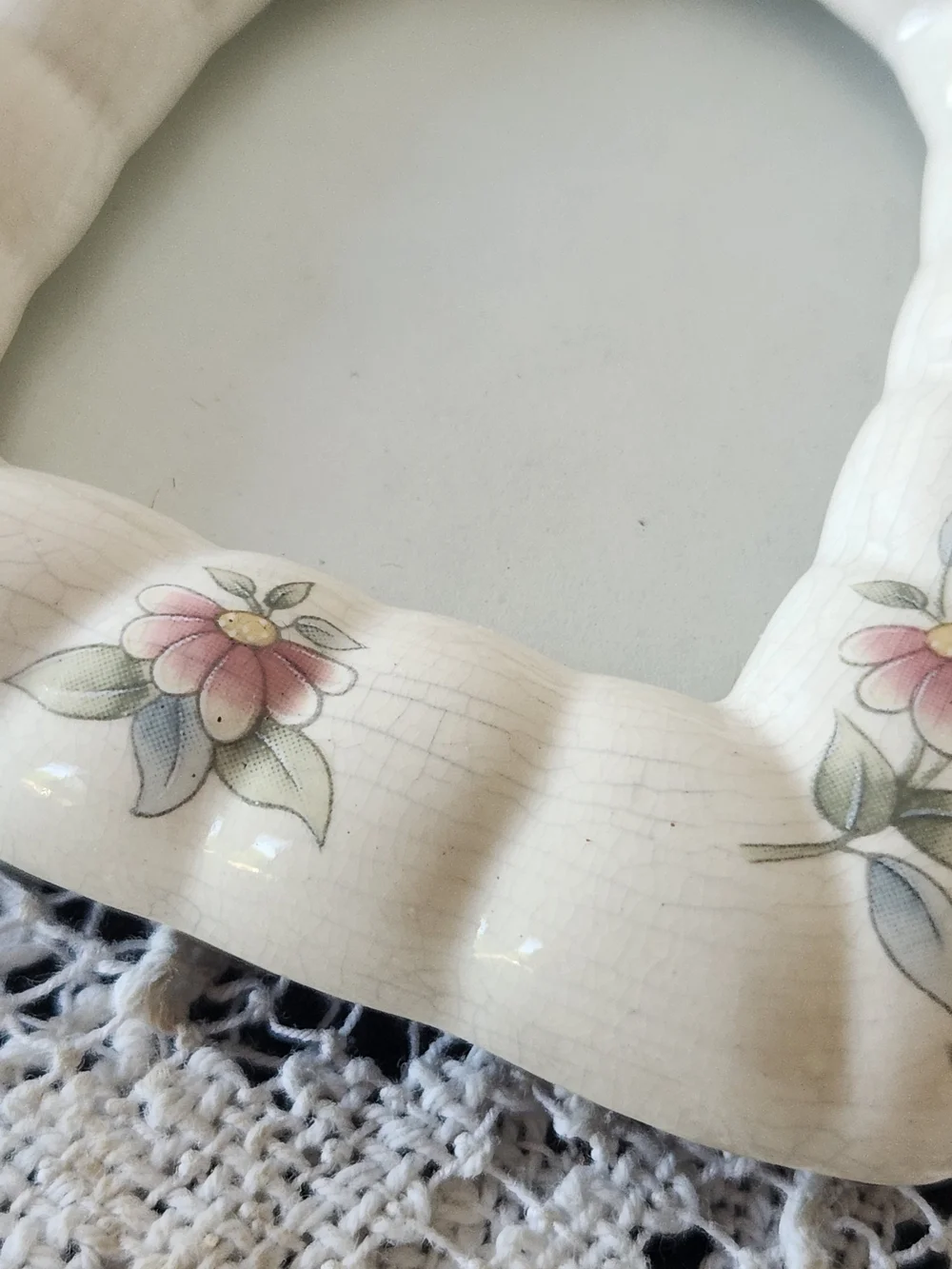 Vintage Cottagecore Cream Ceramic Picture Frame with Pink Floral Accents